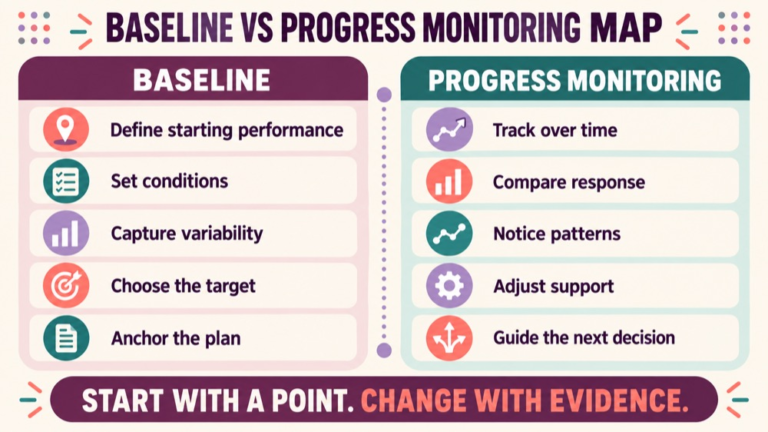 Baseline vs progress monitoring concept map showing the core domains and clinical questions