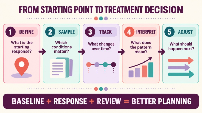 Baseline vs progress monitoring infographic showing context, evidence, and proportionate next steps