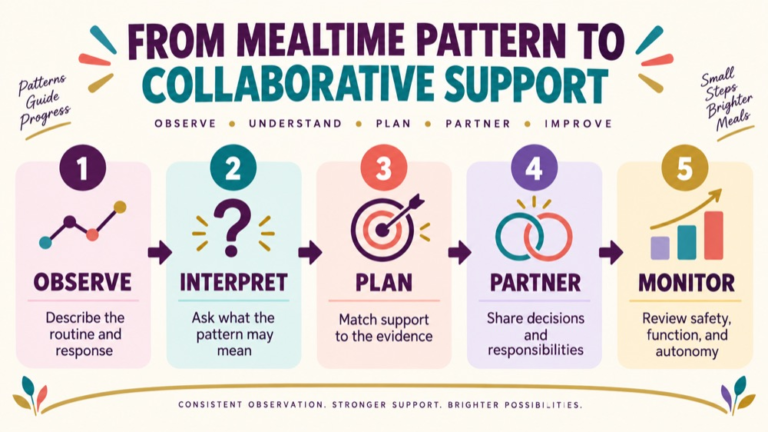 Behavioral feeding intervention infographic showing context, evidence, and proportionate next steps