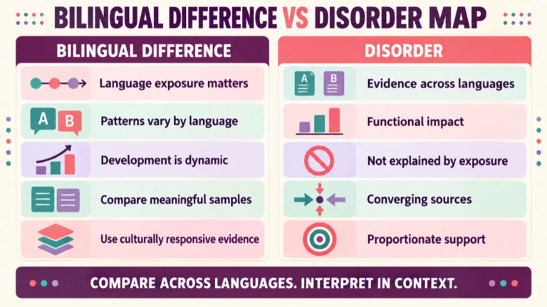 Bilingual difference vs disorder concept map showing the core domains and clinical questions
