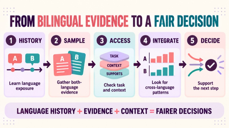 Bilingual difference vs disorder infographic showing context, evidence, and proportionate next steps