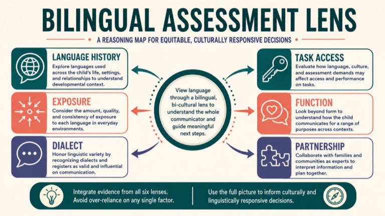 Bilingual speech language assessment concept map showing the core domains and clinical questions