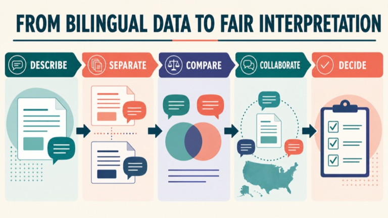 Bilingual speech language assessment infographic showing context, evidence, and proportionate next steps