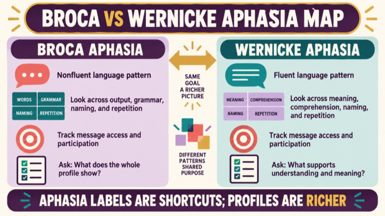 Broca vs wernicke aphasia concept map showing the core domains and clinical questions