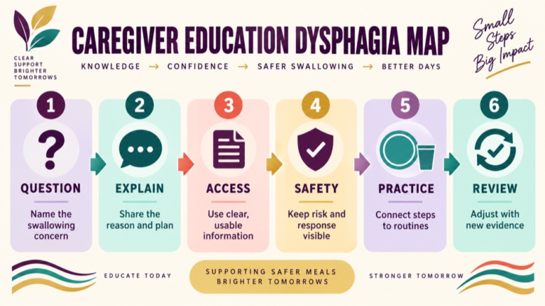 Caregiver education dysphagia concept map showing the core domains and clinical questions