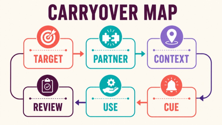 Carryover in speech therapy concept map showing the core domains and clinical questions