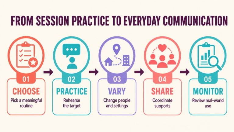 Carryover in speech therapy infographic showing context, evidence, and proportionate next steps