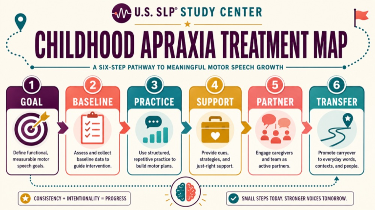 Childhood apraxia treatment concept map showing the core domains and clinical questions