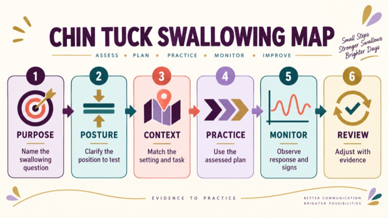 Chin tuck swallowing concept map showing the core domains and clinical questions