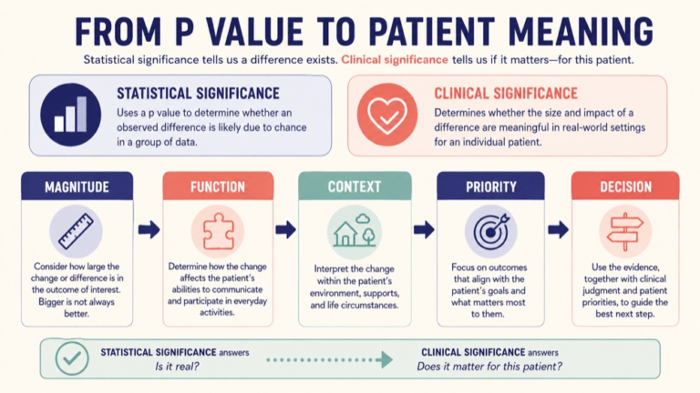Clinical significance vs statistical significance concept map showing the core domains and clinical questions