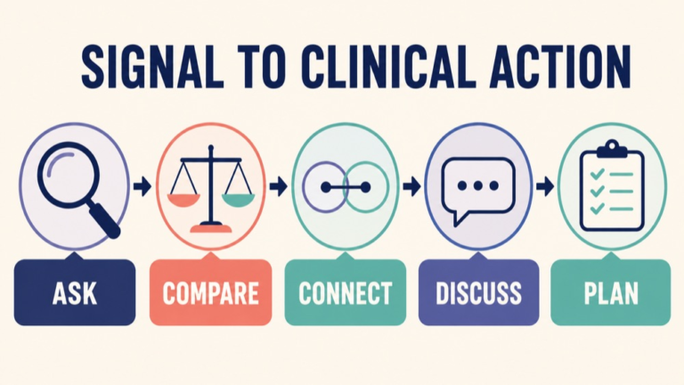 Clinical significance vs statistical significance infographic showing context, evidence, and proportionate next steps