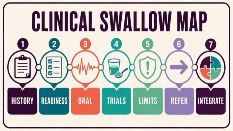 Clinical swallow evaluation concept map showing the core assessment domains and clinical questions