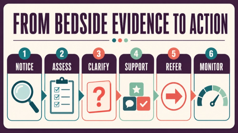 Clinical swallow evaluation infographic showing context, evidence, and proportionate next steps