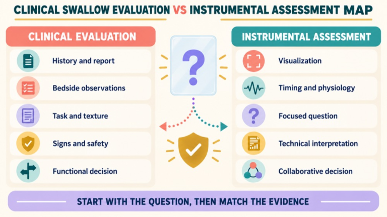Clinical swallow evaluation vs instrumental assessment concept map showing the core domains and clinical questions