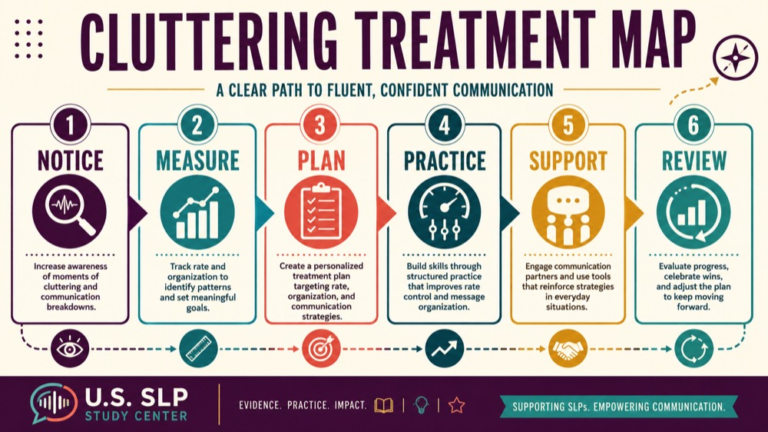 Cluttering treatment concept map showing the core domains and clinical questions