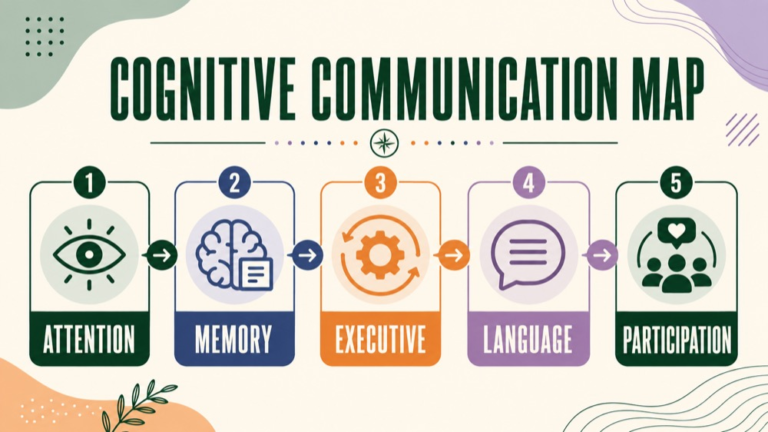 Cognitive communication disorder study map connecting attention, memory, organization, executive function, language, speech, and participation