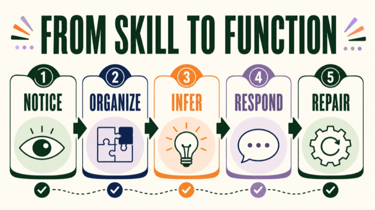 Cognitive communication reasoning infographic connecting task demand, observable behavior, support, communication, and participation