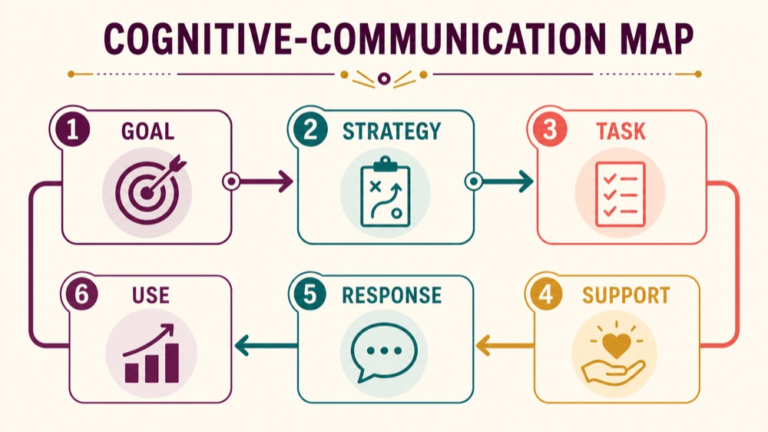 Cognitive communication treatment concept map showing the core domains and clinical questions