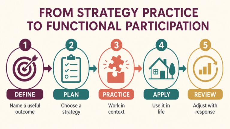 Cognitive communication treatment infographic showing context, evidence, and proportionate next steps
