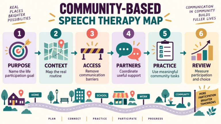 Community based speech therapy concept map showing the core domains and clinical questions