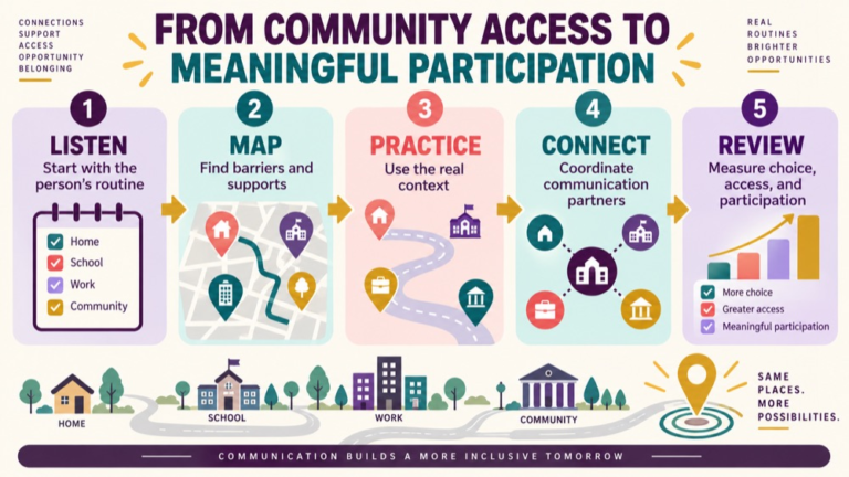 Community based speech therapy infographic showing context, evidence, and proportionate next steps