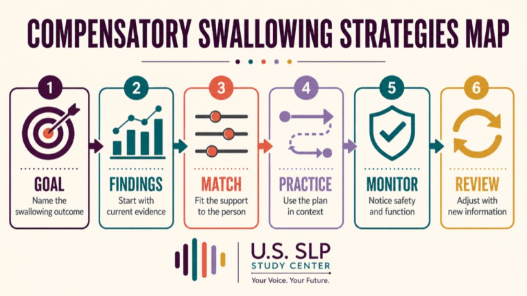 Compensatory swallowing strategies concept map showing the core domains and clinical questions