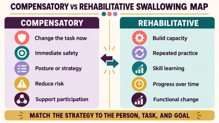 Compensatory vs rehabilitative swallowing concept map showing the core domains and clinical questions