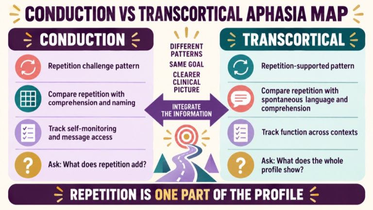Conduction vs transcortical aphasia concept map showing the core domains and clinical questions