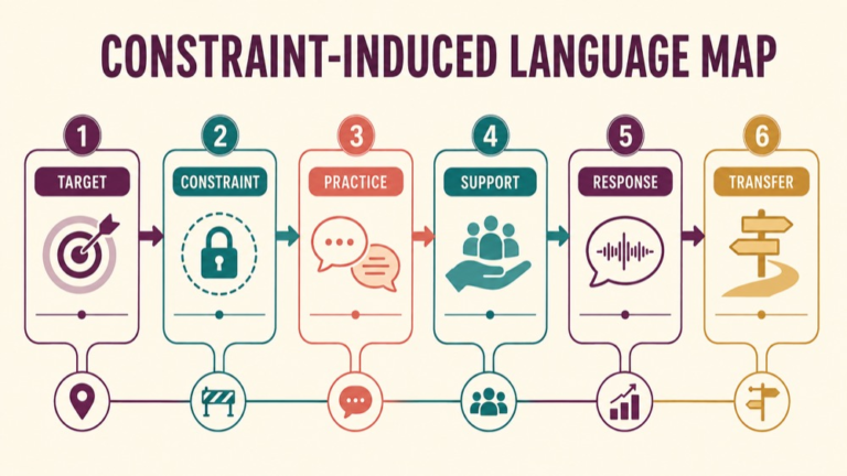 Constraint induced language therapy concept map showing the core domains and clinical questions