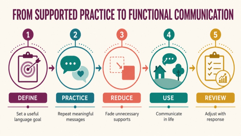 Constraint induced language therapy infographic showing context, evidence, and proportionate next steps