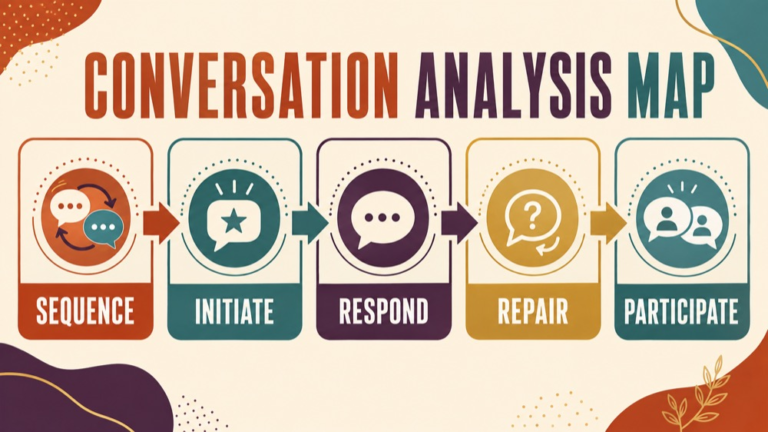 Conversation analysis map connecting sequence, initiation, response, repair, topic, and participation