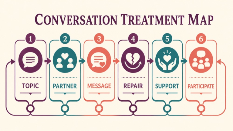 Conversation treatment aphasia concept map showing the core domains and clinical questions
