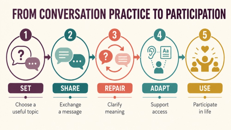 Conversation treatment aphasia infographic showing context, evidence, and proportionate next steps