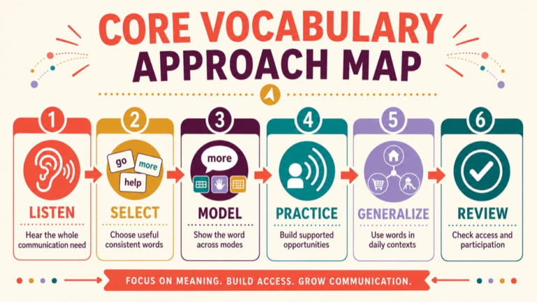 Core vocabulary approach concept map showing the core domains and clinical questions