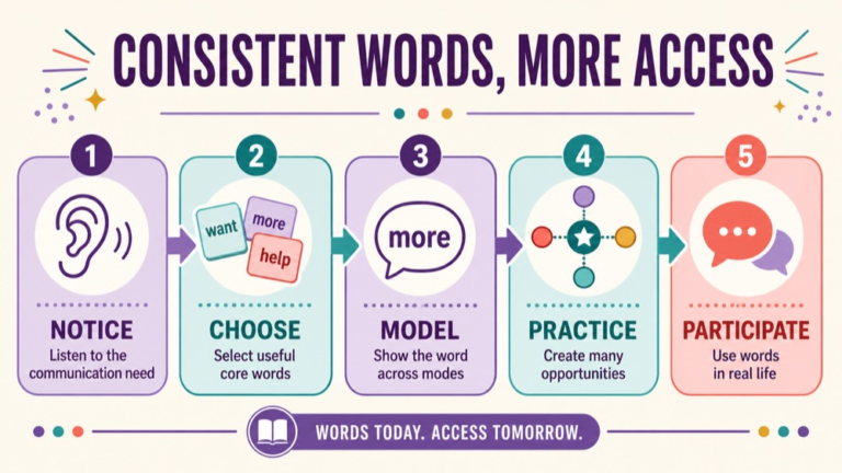 Core vocabulary approach infographic showing context, evidence, and proportionate next steps