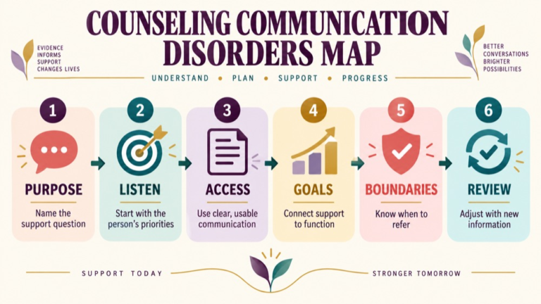 Counseling communication disorders concept map showing the core domains and clinical questions