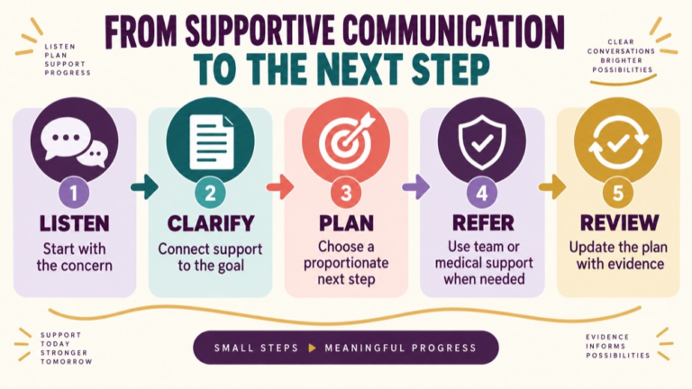 Counseling communication disorders infographic showing context, evidence, and proportionate next steps