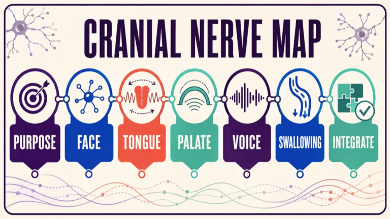 Cranial nerve examination speech pathology concept map showing the core assessment domains and clinical questions