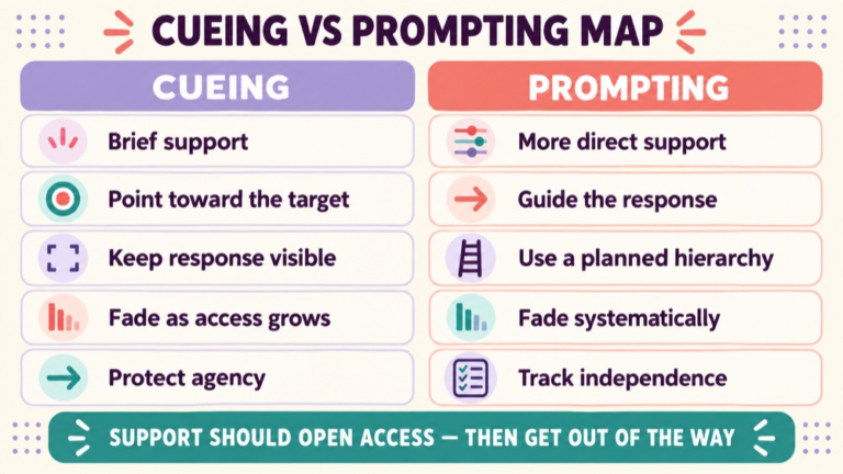 Cueing vs prompting concept map showing the core domains and clinical questions