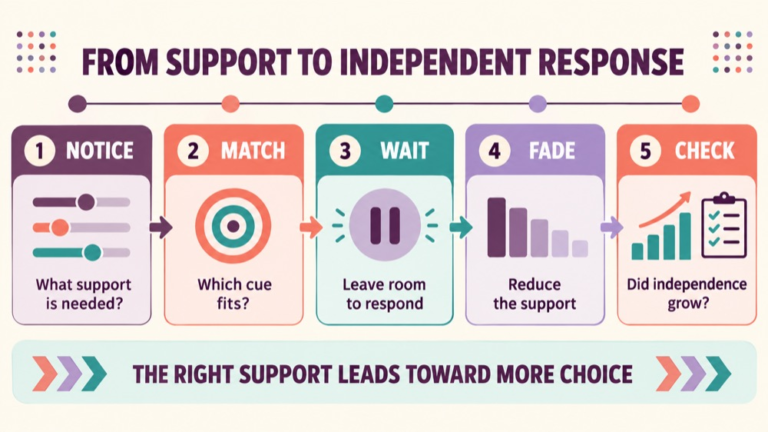 Cueing vs prompting infographic showing context, evidence, and proportionate next steps