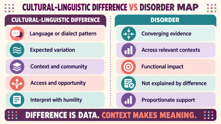 Cultural linguistic difference vs disorder concept map showing the core domains and clinical questions