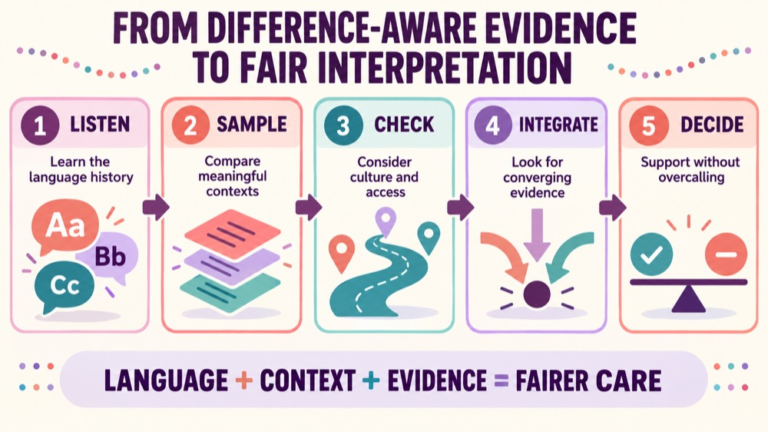 Cultural linguistic difference vs disorder infographic showing context, evidence, and proportionate next steps