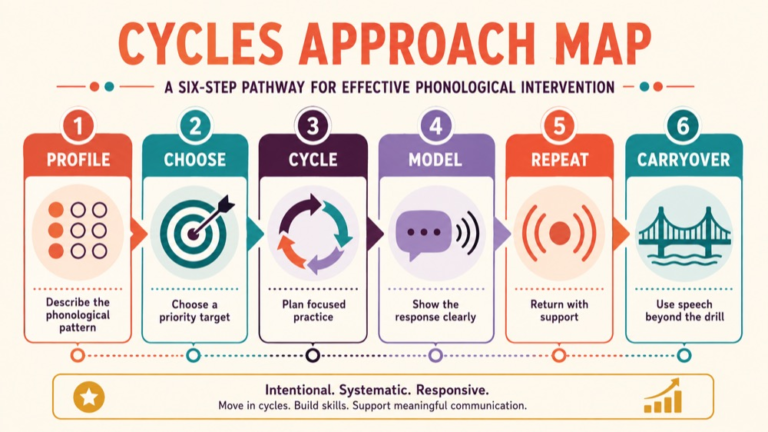 Cycles approach phonology concept map showing the core domains and clinical questions
