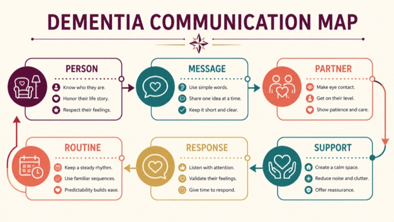 Dementia communication intervention concept map showing the core domains and clinical questions