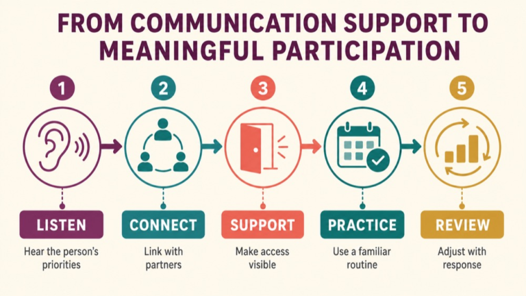 Dementia communication intervention infographic showing context, evidence, and proportionate next steps