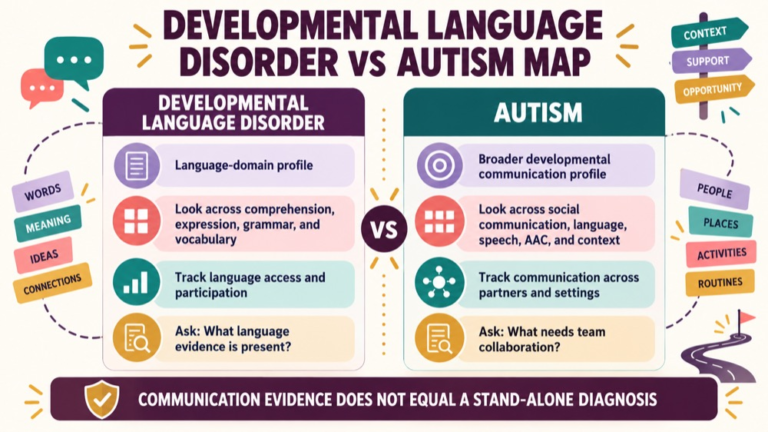 Developmental language disorder vs autism concept map showing the core domains and clinical questions