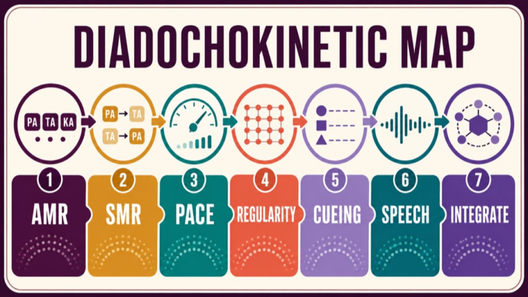Diadochokinetic rate assessment concept map showing the core assessment domains and clinical questions