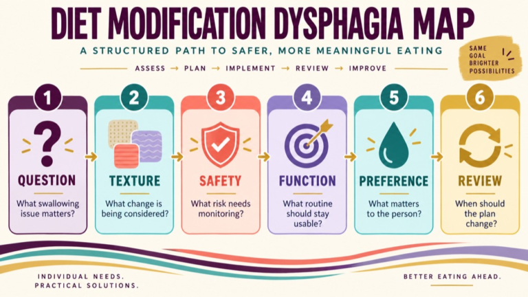 Diet modification dysphagia concept map showing the core domains and clinical questions