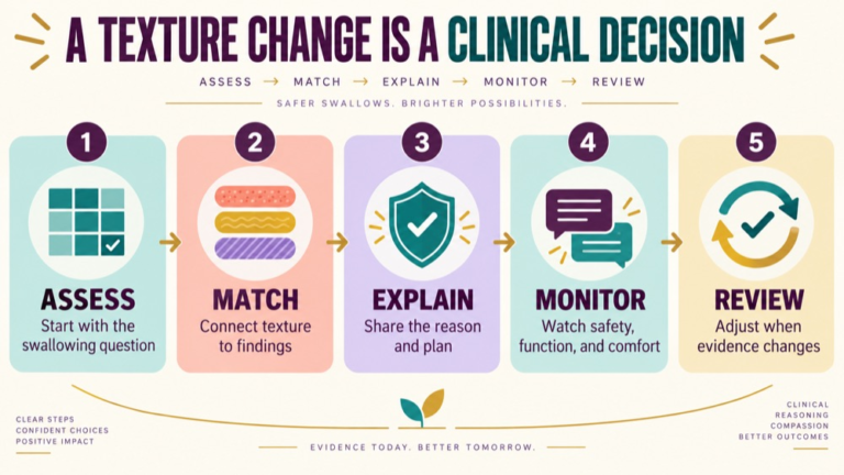Diet modification dysphagia infographic showing context, evidence, and proportionate next steps