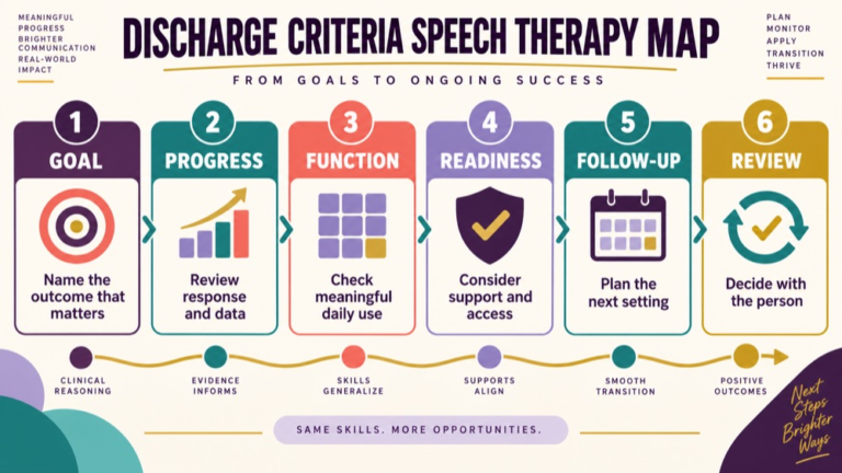 Discharge criteria speech therapy concept map showing the core domains and clinical questions